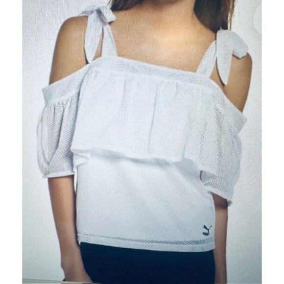 Puma Women White Mesh Active Off-Shoulder Tie-Strap Layered Ruffle Sporty Top S - Picture 1 of 5